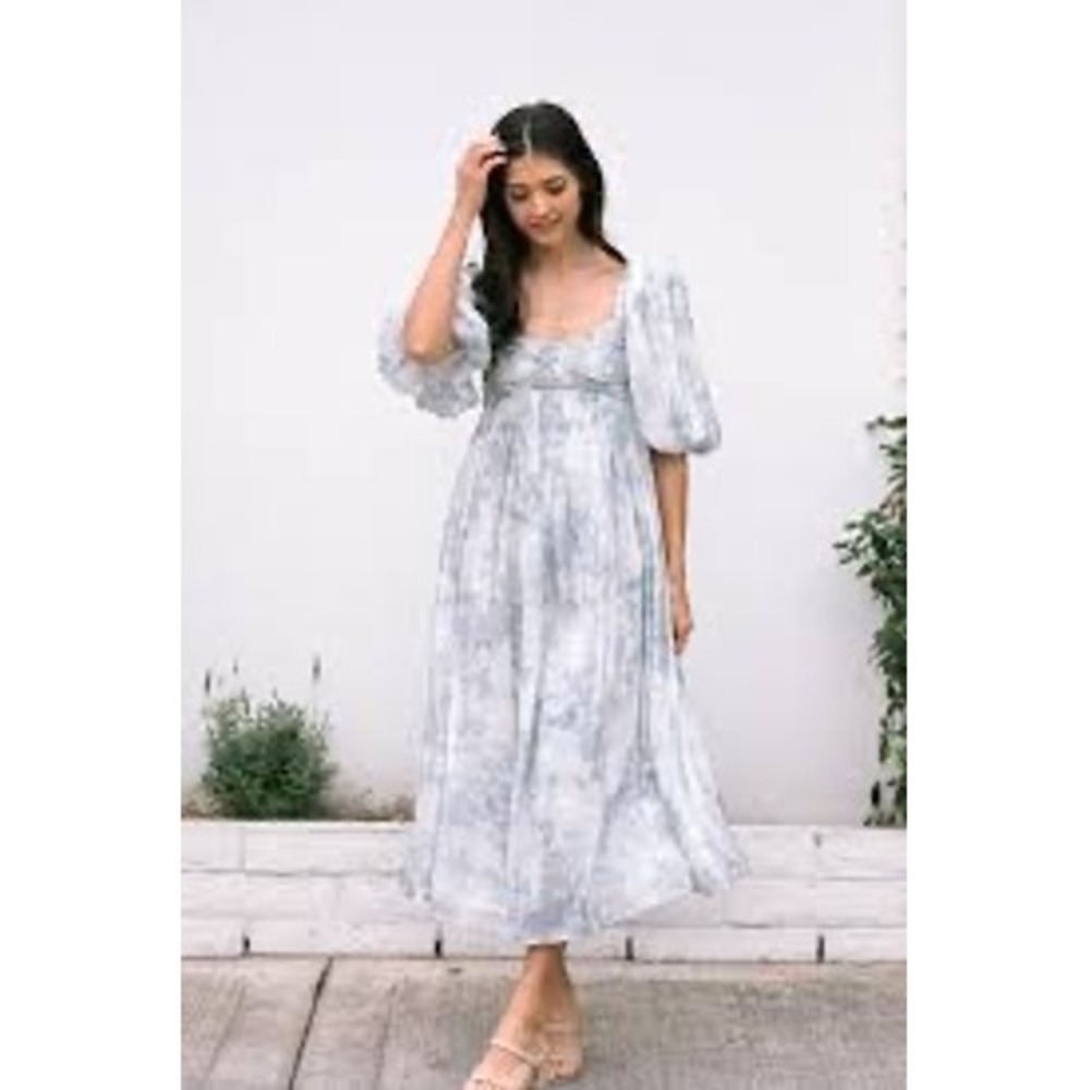 Sofie the label Anastasia Midi Dress Blue White Floral Toile Puff Sleeve Small